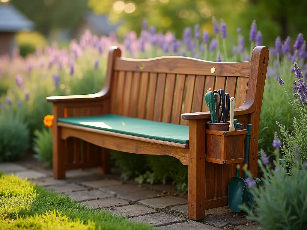 Artisan Garden Kneeler Bench in Morning Garden - A beautifully handcrafted wooden garden kneeler bench photographed in early morning light, positioned beside a flourishing herb garden. The bench is made from rich teak hardwood with brass hardware accents, featuring plush green memory foam padding. Shot at a 3/4 angle to showcase both the seating and kneeling positions, with built-in side pouches holding garden tools. Soft golden sunlight filters through morning mist, casting gentle shadows across the weathered wood. The background features a blurred cottage garden with lavender and rosemary. Captured with a shallow depth of field, emphasizing the bench's artisanal craftsmanship. Shot with a digital camera at 24mm, f/2.8, ISO 400.