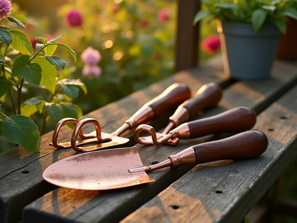 Artisanal Copper Garden Tools at Sunset - Close-up glamour shot of three elegantly crafted copper gardening tools (hand trowel, fork, and dibber) with rich wooden handles, arranged artistically on a weathered wooden potting bench. The tools gleam with a warm copper patina in golden hour sunlight, casting long shadows across the bench. In the soft-focused background, a lush cottage garden is visible with blooming flowers and climbing vines. The scene is captured with professional studio-quality lighting that highlights the metallic sheen and craftsmanship of the tools, while dew drops on nearby plant leaves add sparkle to the composition. Photorealistic, high-end product photography style with shallow depth of field.