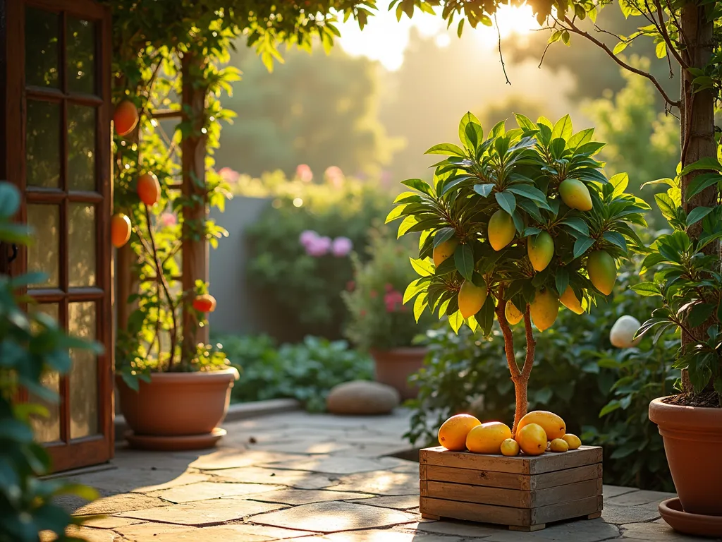 Exotic Fruit Tree Garden Collection - A DSLR wide-angle shot of a sunlit backyard garden sanctuary featuring a curated collection of exotic fruit trees. Dragon fruit climbing an ornate trellis, dwarf mango tree with glossy leaves, and a potted finger lime tree arranged on a natural stone patio. Golden evening light filters through the canopy, creating dappled shadows. In the foreground, a weathered wooden gift box displays premium fertilizers and care supplies. Professional composition with f/8 aperture capturing rich details of the unusual fruits and vibrant foliage. The scene suggests a high-end gardening gift perfect for enthusiasts.