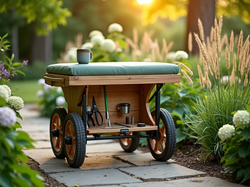 Garden Cart with Storage and Seat - A DSLR wide-angle shot of a high-end garden cart with seat in a lush backyard garden setting during golden hour. The cart, finished in weathered teak and powder-coated steel, is positioned on a natural stone path between flowering perennial beds. The seat is comfortably padded in weather-resistant sage green fabric, with visible storage compartments beneath holding garden tools. A convenient cup holder contains a ceramic coffee mug, while well-organized tool sections display premium pruning shears and hand trowels. The cart's robust all-terrain wheels rest on the stone path, with dappled sunlight filtering through overhead maple trees, creating a warm, inviting atmosphere. Depth of field captures both the detailed craftsmanship of the cart and the soft-focus garden backdrop featuring blooming hydrangeas and ornamental grasses.