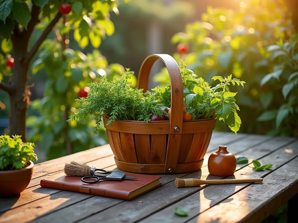 Garden Chef's Harvest Kit - A rustic wooden harvest basket sits on a weathered teak garden table on a sun-dappled patio, surrounded by a lush herb garden. The basket contains freshly harvested vegetables and herbs, alongside professional-grade herb scissors, bamboo cleaning brushes, and an artisanal leather-bound recipe book. Golden evening light filters through nearby tomato vines and basil plants, creating a warm, inviting atmosphere. The scene is captured from a 45-degree angle, emphasizing the thoughtful arrangement of gardening and culinary tools against the natural backdrop. Shot with shallow depth of field to highlight the premium quality of the chef's garden tools while maintaining context of the surrounding garden environment. DSLR, f/8, ISO 100, 1/125s, natural lighting.