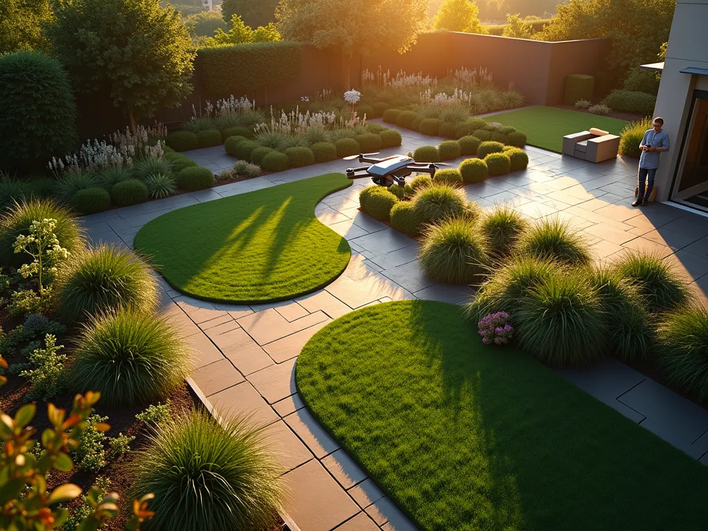 Garden Drone Photography at Golden Hour - A stunning aerial photography scene showing a compact drone hovering above a meticulously designed garden landscape at golden hour. The drone casts a small shadow on the lush garden below, which features winding pathways, raised flower beds, and a modern patio space. The garden layout is perfectly captured from a 45-degree angle, with the drone's camera visibly tracking the scene. The lighting is warm and dramatic, with long shadows emphasizing the garden's architectural elements. In the background, a man in gardening attire is visible operating the drone's controller near a contemporary deck area. The garden showcases a mix of ornamental grasses, flowering perennials, and structured hedges, all captured in rich detail by the drone's HD camera. Shot with a 16-35mm lens at f/2.8, ISO 400, creating a perfect balance of sharpness and atmospheric depth.