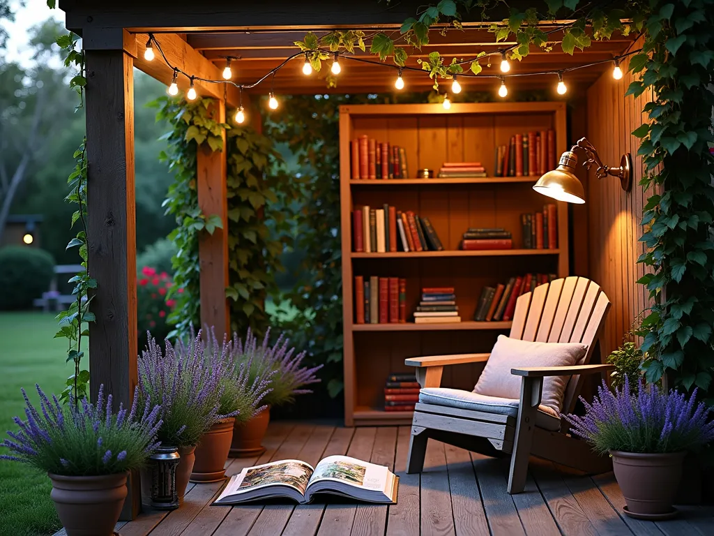 Cozy Garden Reading Nook with Curated Library - A serene garden reading nook at dusk, photographed with a wide-angle lens. A weathered teak deck features a comfortable Adirondack chair with plush cushions, surrounded by potted lavender and climbing jasmine. A rustic wooden bookshelf, built into an outdoor pergola, displays an elegant collection of leather-bound gardening books and botanical guides. Warm string lights cast a gentle glow across the space, while a vintage brass reading lamp illuminates an open coffee table book showcasing vibrant garden photography. A copper rain chain and trailing ivy add character to the peaceful setting. Shot at f/2.8 with atmospheric bokeh effect, capturing the transition between day and night.