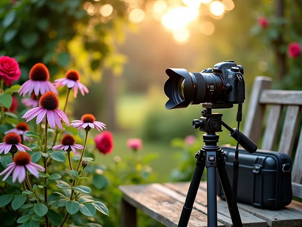 Garden Photography Equipment in Morning Light - Professional camera setup in a lush garden setting during golden morning light, featuring a DSLR camera with macro lens mounted on a sturdy tripod, positioned near blooming purple coneflowers and crimson roses. A waterproof camera case sits nearby on a rustic wooden garden bench. The scene is set against a backdrop of a well-maintained cottage garden with climbing jasmine on a weathered trellis, capturing the interplay of light and shadow. Soft bokeh effect in background with dewdrops glistening on flower petals. Photographic composition guide visible alongside traditional gardening tools, suggesting the blend of gardening and photography arts.