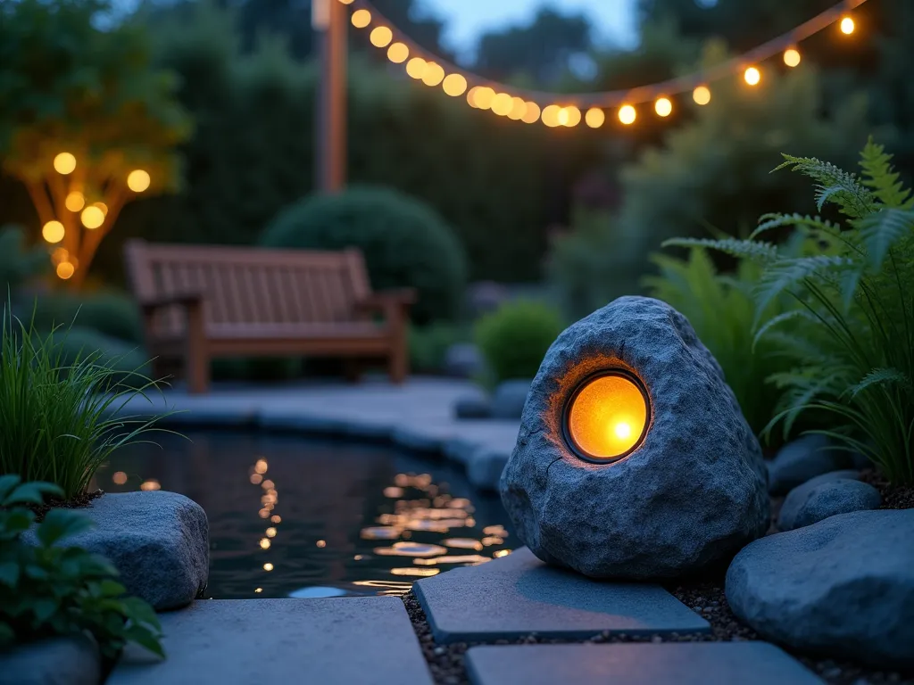 Rustic Garden Rock Speaker at Dusk - A serene twilight garden scene featuring a weathered stone speaker camouflaged among natural rocks near a zen water feature. Warm ambient LED lights glow softly from within the speaker, casting a gentle illumination on surrounding Japanese Forest Grass and Black Mondo Grass. The speaker sits on a natural flagstone patio edge, with mature hostas and ferns creating a lush backdrop. Fairy lights strung overhead create a magical atmosphere, while a comfortable teak garden bench suggests a peaceful spot for evening relaxation. Shot from a low angle to emphasize the speaker's natural integration into the garden landscape, with subtle blue hour lighting creating a moody, peaceful ambiance. Photorealistic, high detail, 8K.