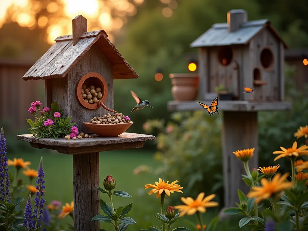 Enchanted Garden Wildlife Haven - A serene dusk scene capturing a beautifully designed garden wildlife station nestled in a lush backyard setting. Shot with a wide-angle lens at golden hour, showing a rustic wooden platform with multiple feeding stations at different heights. Features an elegant copper-roofed bird feeder, a contemporary butterfly house with native flowering vines, and a discrete night vision camera mounted on a weathered cedar post. Surrounded by pollinator-friendly perennials like echinacea and salvia in full bloom. Soft ambient lighting illuminates the scene while small solar lanterns create a magical atmosphere. A hummingbird hovers near the nectar feeder while butterflies dance around the butterfly house. Captured with stunning depth of field and natural bokeh effect, highlighting the craftsmanship of the wildlife station against a dreamy garden backdrop.