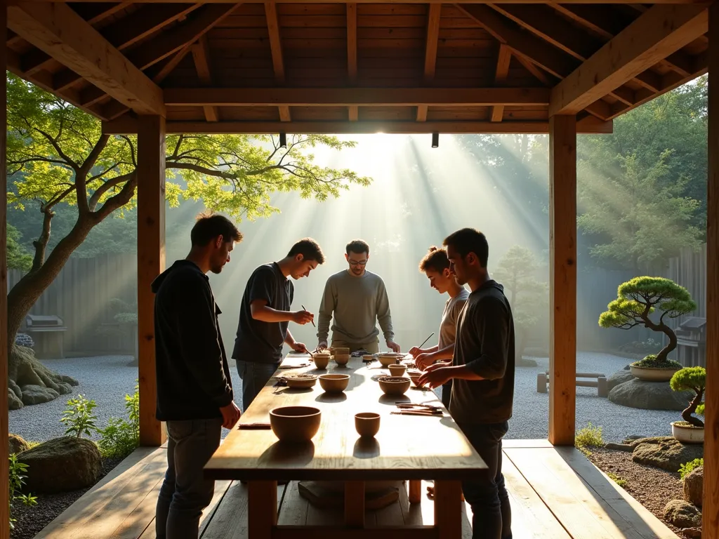 Garden Workshop Experience - Bonsai Mastery Class - A serene morning scene in a Japanese-inspired garden workshop space. Wide-angle view of a rustic wooden pavilion with open sides, nestled among maple trees. Inside, natural light streams through creating dappled shadows on a long wooden workbench where 3-4 students are gathered around a master gardener. The bench features individual stations with bonsai tools, small pottery, and young juniper bonsai specimens. Soft morning mist lingers in the background, where a meticulously maintained zen garden is visible. The workshop space seamlessly integrates with the surrounding landscape, featuring weathered cedar beams, stone pathways, and carefully placed accent lighting. The atmosphere captures both the educational and meditative aspects of garden craftsmanship.