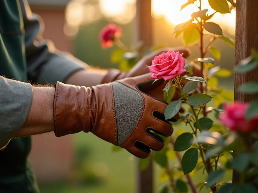 Luxury Leather Garden Gloves in Action - Close-up lifestyle shot of weathered luxury brown leather gardening gloves with reinforced palms, being worn while carefully pruning a climbing rose bush in a golden hour garden setting. The gloves feature visible breathable mesh panels and extended protective cuffs. In the background, a blurred English cottage garden displays climbing roses on a wooden trellis, with warm sunlight filtering through creating a professional, editorial atmosphere. The composition emphasizes the premium craftsmanship of the gloves while showing them in practical use, with selective focus on the detailed stitching and natural leather grain. Shot with shallow depth of field to create a professional, lifestyle product photography feel.