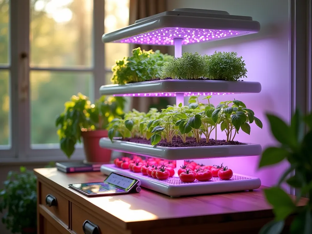 Modern Indoor Hydroponic Garden Setup - A sleek, modern indoor hydroponic growing system situated in a cozy sunroom overlooking a lush backyard garden. The multi-tiered system features elegant LED grow lights casting a warm purple-blue glow over thriving herbs and vegetables. Clean white hydroponic towers with clear water channels showcase fresh basil, lettuce, and cherry tomatoes at various growth stages. A minimalist wooden console table supports the system, with a tablet displaying the monitoring app interface. Natural sunlight streams through large windows, creating a beautiful interplay with the artificial growing lights. Shot with shallow depth of field focusing on the vibrant plants, while the outdoor garden creates a harmonious backdrop. Ultra-high resolution, professional lighting, 8K quality.