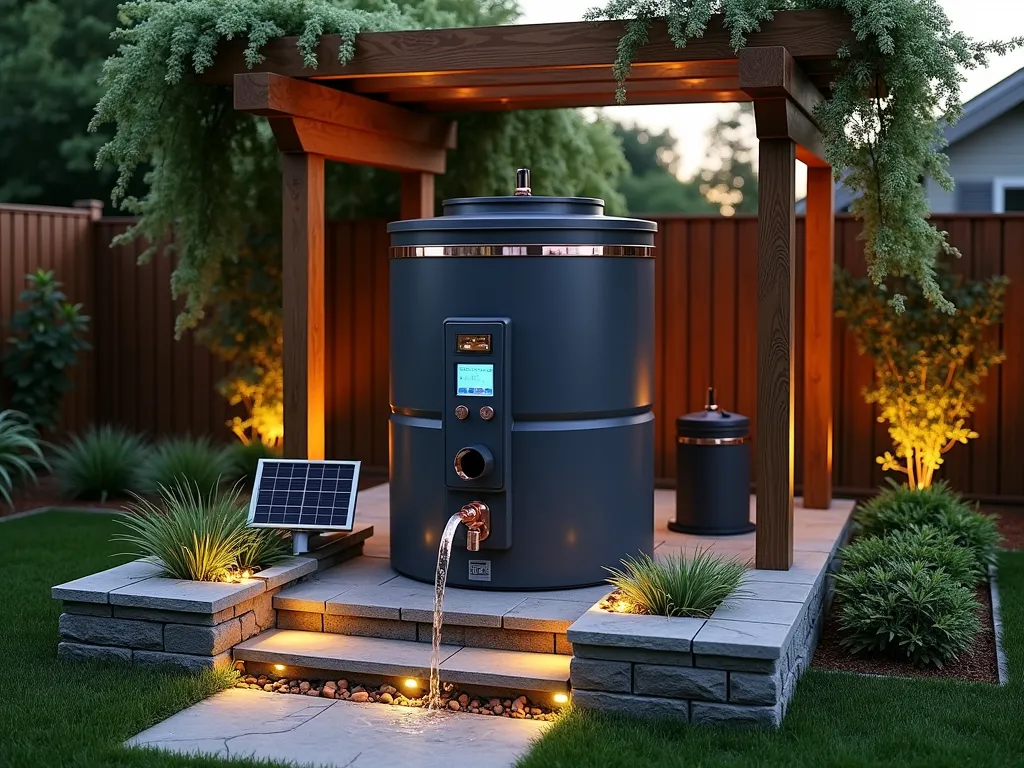 Modern Eco-Friendly Rain Harvesting System - A sleek, contemporary rain collection system integrated into a lush garden setting at dusk. The centerpiece is a sophisticated dark grey barrel with copper accents and digital monitoring display, connected to decorative copper downspouts. The system sits on an elevated natural stone platform surrounded by ornamental grasses and native ferns. Soft landscape lighting illuminates the setup, highlighting the barrel's modern design and the gentle flow of water. A small solar-powered pump system is visible, along with a professional filtration unit. The backdrop features a wooden pergola with climbing jasmine, creating a harmonious blend of technology and nature. Shot from a 45-degree angle to showcase both the technical components and aesthetic integration into the garden space.