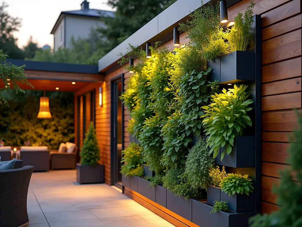 Modern Vertical Garden Wall System at Sunset - A stunning twilight photograph of a contemporary vertical garden system mounted on a sleek cedar-clad patio wall. The modular green wall features a cascading arrangement of herbs, vegetables, and ornamental plants in charcoal gray panels. Soft ambient lighting illuminates the lush foliage, while a sophisticated drip irrigation system seamlessly integrates into the design. Shot at golden hour with warm sunlight filtering through the plants, creating depth and dimension. The composition includes a partial view of a modern outdoor seating area, suggesting scale and lifestyle context. Photographed with a wide-angle lens to capture the full vertical installation, with dramatic shadows and highlights emphasizing the architectural elements. High-end professional photography with shallow depth of field focusing on the verdant plant textures.