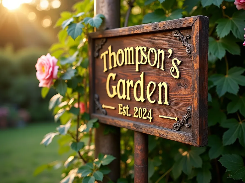 Rustic Personalized Garden Sign at Sunset - Close-up shot of a weathered cedar wood garden sign with hand-painted gold lettering reading 'Thompson's Garden Est. 2024', mounted on an aged copper post. The sign is positioned in a lush garden setting with climbing roses and ivy in the background, captured during golden hour. Natural sunlight filters through nearby Japanese maple leaves, casting dappled shadows on the sign's sealed surface. The sign features ornate corner details and a vintage-inspired border design. Shot with shallow depth of field to highlight the sign's rustic texture while maintaining a dreamy, bokeh effect on the surrounding garden. DSLR, wide-angle lens, f/8, ISO 100, 1/125