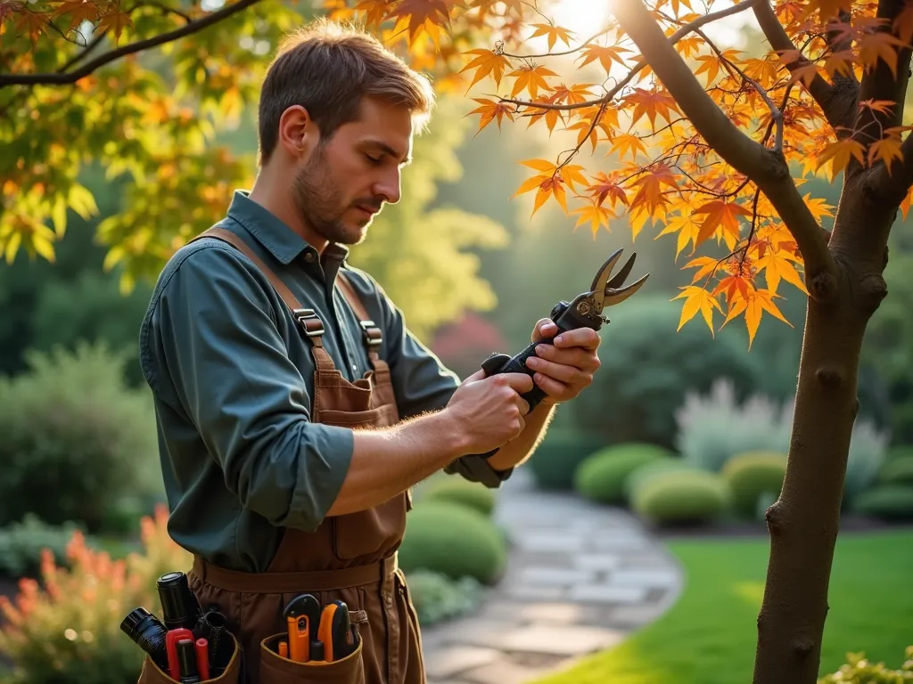 Professional Garden Maintenance Service Gift - A professional gardener in early morning light, wearing neat work attire, meticulously pruning a Japanese maple tree in a well-maintained backyard garden. Shot from a medium angle, capturing the gardener's skilled hands using professional pruning shears. The background shows a beautiful landscaped garden with blooming perennials, manicured hedges, and a stone pathway. Golden sunlight filters through tree branches, creating a warm, inviting atmosphere. High-end gardening tools are neatly arranged in a professional tool belt. The scene conveys expertise, care, and professional garden maintenance. Photographed with a DSLR camera, soft bokeh effect in background, crisp foreground details, natural lighting.