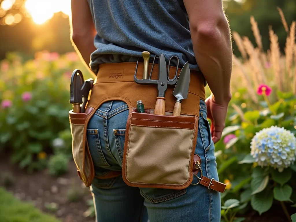 Professional Gardener's Tool Belt in Action - Close-up shot of a rugged canvas tool belt worn by a man working in a lush backyard garden during golden hour. The professional-grade belt features multiple leather-trimmed pockets holding copper-handled pruners, wooden-handled trowels, and seed packets. Sunlight filters through nearby flowering shrubs, highlighting the water-resistant khaki canvas material and brass hardware of the belt. The gardener is kneeling beside a raised flower bed filled with blooming perennials, with the belt's adjustable straps visible against his work clothes. Sharp focus on the well-organized tool arrangement in the pockets, with a tastefully blurred garden background showing mature hydrangeas and ornamental grasses.