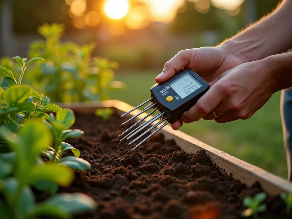 Professional Garden Soil Testing Kit in Action - A close-up DSLR shot during golden hour showing hands using a professional digital pH soil tester in a meticulously maintained raised garden bed. The modern LCD display shows clear readings while multiple steel probes pierce rich, dark soil. Surrounding the scene are thriving vegetable plants and herbs in soft, diffused lighting. The background reveals a well-organized garden workspace with cedar planters and testing equipment on a rustic wooden potting bench. Natural bokeh effect through leaves creates a professional, technical atmosphere while maintaining organic garden elements. Photographic style: sharp foreground detail with shallow depth of field, warm evening light casting long shadows across the garden workspace.