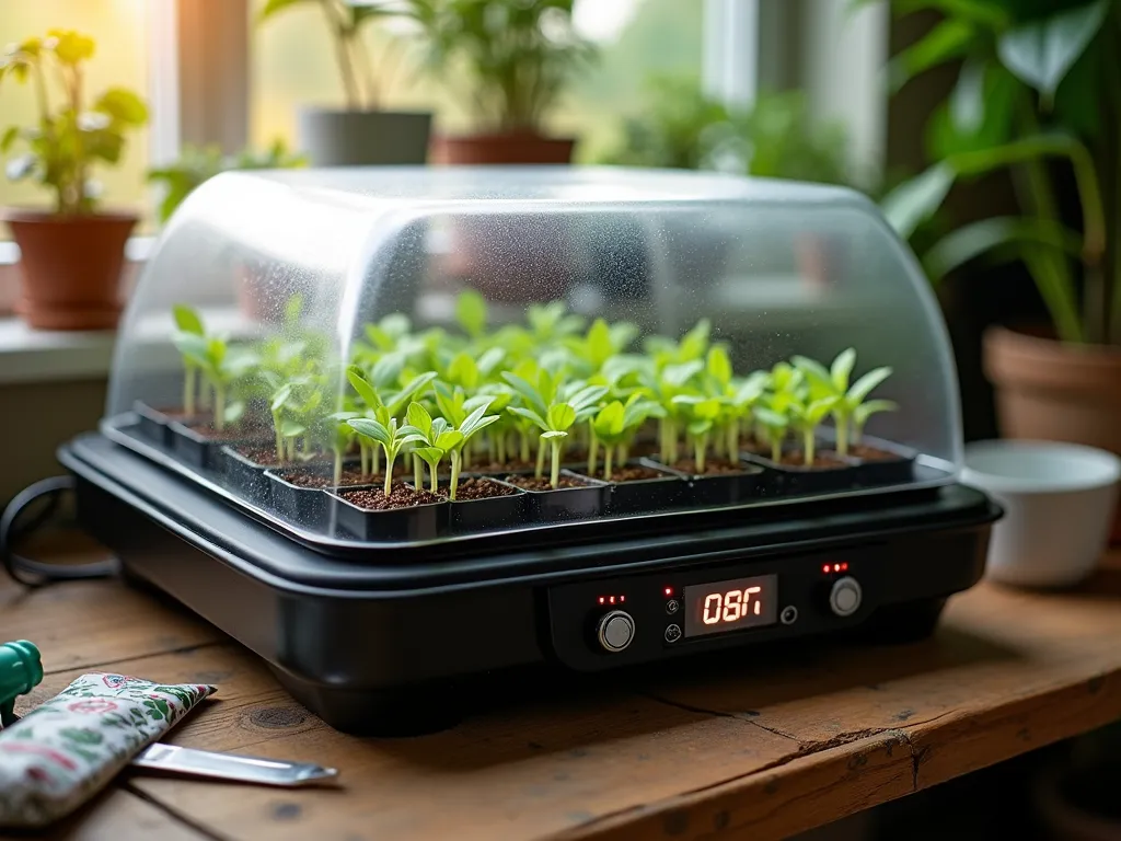 Professional Seedling Station with Heated Mat - Close-up shot of a modern indoor gardening setup featuring a professional black heating mat with digital temperature controls, illuminated by soft morning light through a nearby window. Multiple rows of seedling trays sit atop the mat, covered by a crystal-clear dome showing condensation. Young green sprouts emerge from soil-filled cells while a digital thermometer display shows optimal growing temperature. The setup is positioned on a rustic wooden potting bench with various gardening tools and seed packets arranged neatly alongside. Shot with shallow depth of field highlighting the delicate seedlings and high-tech heating controls, f/2.8, creating a professional yet cozy atmosphere perfect for serious gardeners.