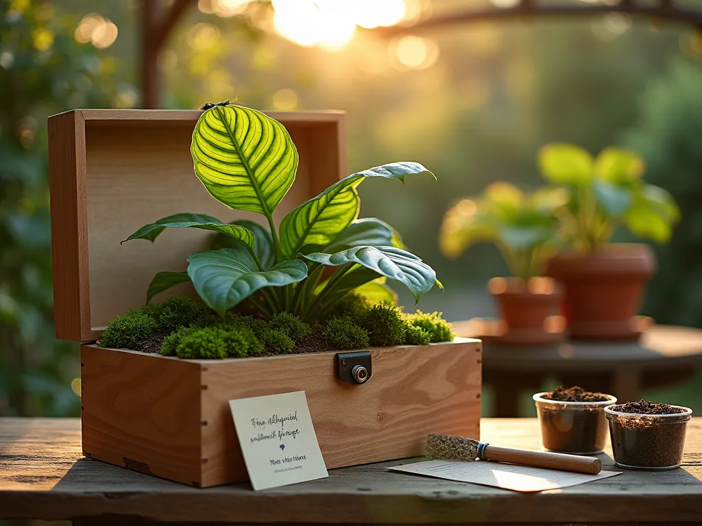 Exotic Plant Collector's Treasure - Close-up shot of a beautifully staged wooden presentation box on a rustic outdoor potting bench at golden hour. The box contains a magnificent Philodendron gloriosum with distinctive velvet-like leaves, nestled in premium moss. Surrounding the box are high-end gardening tools, a handwritten care card, and small containers of specialized soil mix. Soft, warm sunlight filters through a pergola above, creating gentle shadows across the scene. A blurred background shows a collector's garden with rare specimens in terracotta pots. Shot with shallow depth of field focusing on the plant's intricate leaf patterns, 16mm lens, f/2.8, capturing the premium unboxing experience of a rare plant subscription.