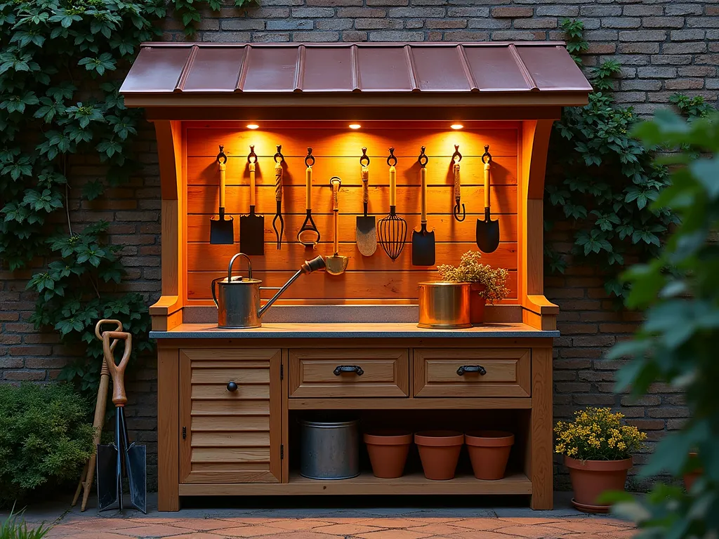 Rustic Garden Tool Storage Haven - A stunning twilight shot of a custom-built cedar garden tool storage station nestled against a weathered brick wall, captured with a medium-wide perspective. The 6-foot-tall structure features a pitched copper roof overhang protecting a handcrafted potting bench with a distressed zinc countertop. Multiple weathered brass hooks line the walls, holding an organized collection of garden tools. Rustic wooden drawers with vintage bronze pulls store smaller items, while adjustable reclaimed wood shelving displays terra cotta pots. A built-in soil bin with a hinged lid sits beneath the potting area. Warm LED lighting illuminates the workspace, creating a cozy amber glow. Climbing jasmine frames the structure, while a vintage copper watering can and hand-carved wooden tool handles add character. Shot with shallow depth of field highlighting the craftsmanship of the storage solution against the softly blurred garden background.