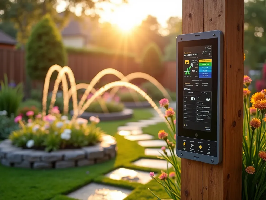 Smart Garden Irrigation Control Hub - DSLR wide-angle shot of a modern backyard garden at golden hour, featuring a sleek smart irrigation control panel mounted on a cedar post. The panel displays a colorful LCD interface showing weather data and zone maps. Multiple drip irrigation lines branch elegantly through raised flower beds filled with blooming perennials. Soft sunlight filters through water droplets from precision sprinklers, creating a magical atmosphere. In the background, a lush lawn shows perfect hydration patterns, while a stone pathway leads to automated watering zones for vegetable gardens and container plants. Professional composition with f/8 aperture capturing the technical sophistication and natural beauty in perfect balance.