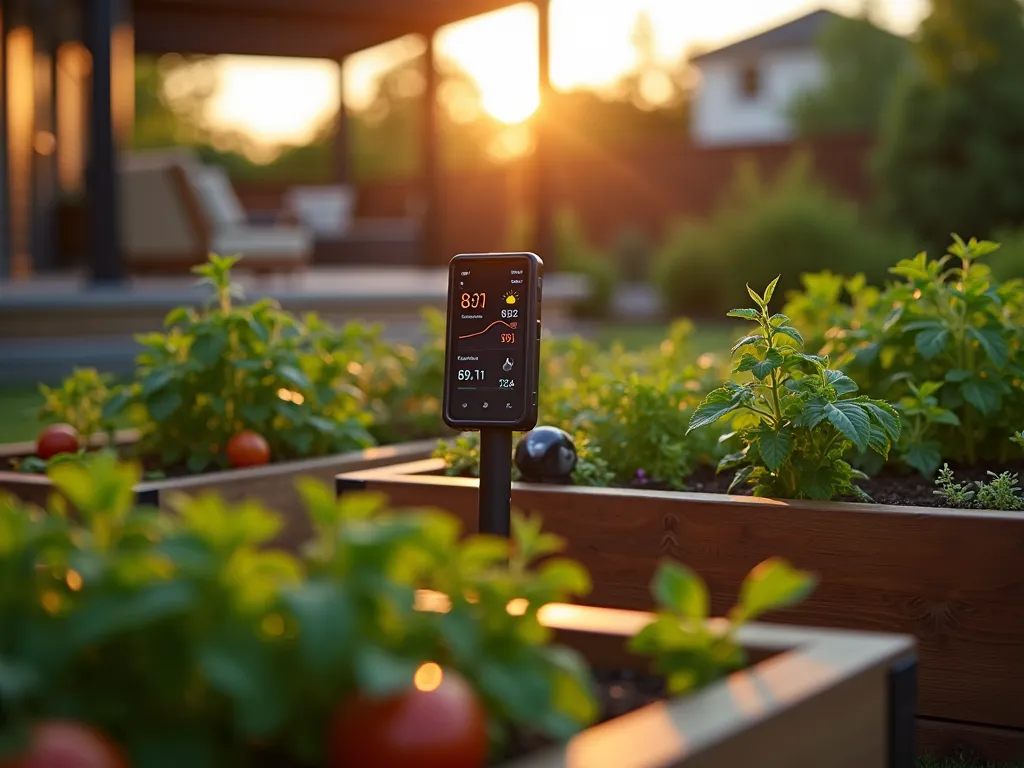 Smart Garden Sensor in Modern Backyard Garden - Close-up shot at golden hour of a sleek, modern garden sensor stake nestled among thriving vegetable beds and herb gardens in a contemporary backyard setting. The sensor's digital display glows softly, while a smartphone in the foreground displays a clean, minimalist gardening app interface showing real-time soil moisture, sunlight, and temperature readings. Beautiful raised cedar beds filled with tomatoes, herbs, and leafy greens surround the sensor, with a modern deck and pergola visible in the soft-focus background. Warm evening light casts long shadows across the well-maintained garden space, highlighting the seamless blend of technology and nature.