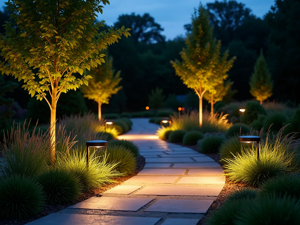 Modern Solar Garden Lighting at Dusk - A stunning dusk scene of a well-landscaped garden pathway illuminated by sleek, modern solar lights casting a warm, inviting glow. Professional-grade LED path lights line both sides of a curved stone walkway, creating dramatic shadows among ornamental grasses and flowering perennials. The contemporary black metal fixtures are subtly positioned among garden beds, while motion-activated spotlights highlight a dramatic Japanese maple focal point. A smartphone visible in the corner displays the lighting control app, suggesting smart connectivity. The scene is captured from a low angle perspective, emphasizing the lighting's dramatic effect on the garden's nighttime atmosphere. Ultra-realistic, cinematic lighting, 8K quality.