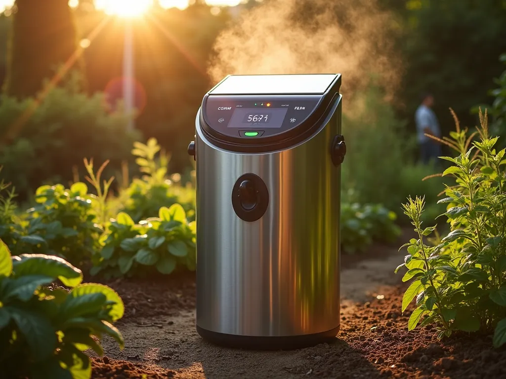 Modern Solar Composter in Garden Setting - A sleek, cylindrical solar-powered composter situated in a lush backyard garden at golden hour. The high-tech device features a modern LED display showing temperature readings and a progress bar. Sunlight glints off its solar panels while the surrounding garden beds showcase thriving vegetables and herbs. The composter's brushed stainless steel finish contrasts beautifully with the natural environment, while a neat pile of garden clippings waits nearby. A close-up view reveals the easy-turn handle and digital interface, with steam wisely rising from the ventilation ports, indicating active composting. Atmospheric lighting casts long shadows across the mulched garden path.