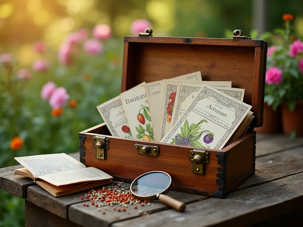 Vintage Garden Seed Collection Display - Close-up shot of a handcrafted rustic wooden box with brass hinges, filled with carefully arranged vintage-style seed packets, photographed in warm late afternoon sunlight on a weathered garden workbench. The seed packets feature beautiful botanical illustrations of heirloom vegetables and flowers in muted colors. A magnifying glass, antique gardening journal, and scattered rare seeds rest beside the box. The background shows a soft-focused cottage garden with heritage roses and vegetables, creating a nostalgic atmosphere. Photorealistic, highly detailed, with rich textures and warm vintage tones.