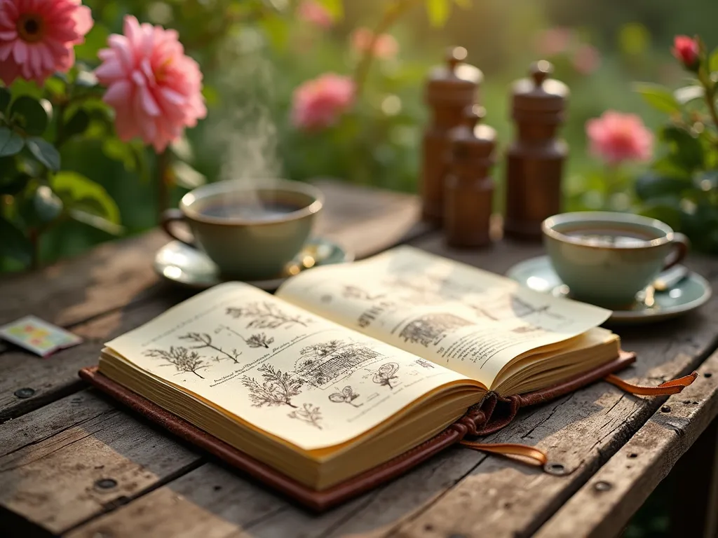 Garden Journal with Morning Coffee - Close-up shot of a rugged leather-bound waterproof garden journal resting on a rustic wooden garden table, early morning sunlight filtering through nearby climbing roses. The journal lies open to reveal cream-colored waterproof pages with hand-drawn garden layouts and pressed herbs. A steaming cup of coffee sits nearby, alongside vintage brass gardening tools and scattered seed packets. Dew drops glisten on the weathered table surface, while a lush garden backdrop shows blurred flowering perennials in soft morning light. Shot with shallow depth of field focusing on the journal's detailed pages. Photographic style: lifestyle garden photography with warm morning tones.