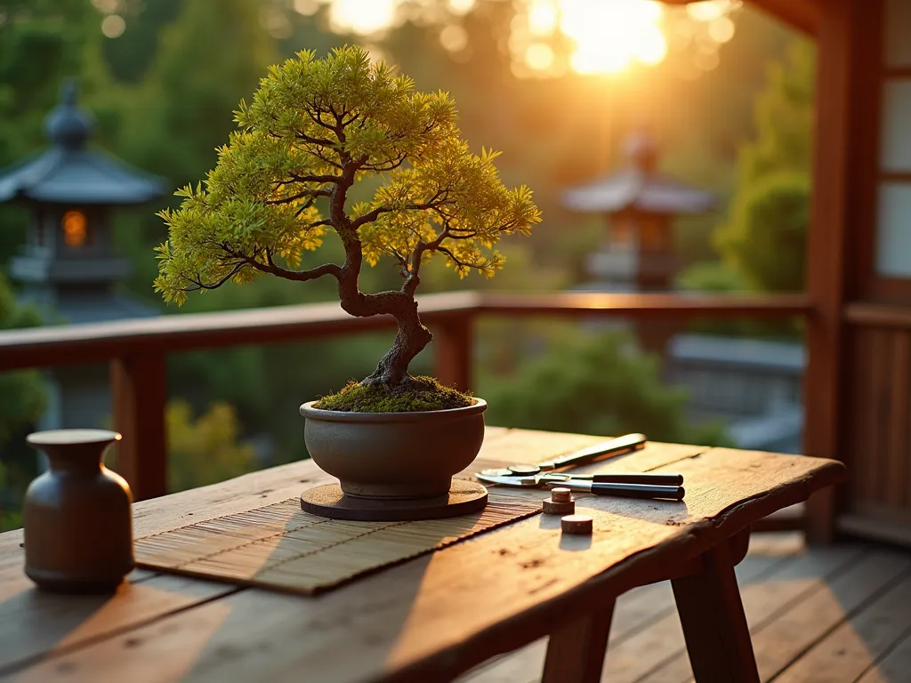 Zen Garden Bonsai Workshop - A serene close-up shot of a wooden deck corner transformed into a peaceful bonsai workspace at golden hour. A beautifully crafted wooden bonsai workstation features a complete starter kit with traditional pruning shears, copper wire, and ceramic pots arranged artistically. A young Japanese maple bonsai specimen sits centrally, catching warm sunset light, while maintenance tools are thoughtfully organized on a bamboo mat. The background shows a blurred Japanese-inspired garden with stone lanterns and gentle landscaping. Professional DSLR capture with natural lighting emphasizing the rich textures of the tools and the delicate leaves of the bonsai tree, creating an atmosphere of contemplative gardening mastery.