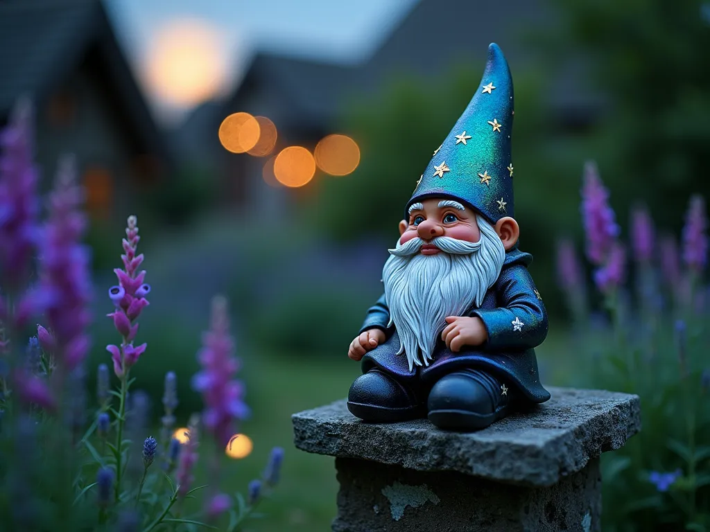 Aurora Borealis Garden Gnome - A close-up nighttime photograph of a handpainted garden gnome sitting on a natural stone pedestal in a mystical cottage garden. The gnome's outfit features stunning iridescent swirls of green, purple, and blue aurora borealis patterns that seem to glow against the dark background. Metallic gold and silver stars are delicately painted across its hat and beard. Soft moonlight illuminates the scene, while string lights twinkle in the background among lavender and foxgloves. Shot with shallow depth of field highlighting the gnome's ethereal paint details. Captured with a digital camera at 35mm, f/2.8, ISO 400, creating a dreamy bokeh effect.