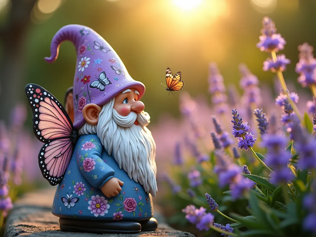 Butterfly Gnome in Enchanted Garden - A close-up DSLR photo of a garden gnome painted with intricate butterfly motifs, captured during golden hour in a cottage garden setting. The gnome's hat and clothing feature delicate flower patterns in purples, blues, and pinks, with detailed butterfly wings painted on the back. The gnome sits among blooming lavender and butterfly bushes, with real butterflies hovering nearby. Soft bokeh effect in background shows colorful flowers and dappled sunlight through trees. Shot with shallow depth of field highlighting the detailed paintwork, f/8, ISO 100, natural lighting creating a magical atmosphere. Ornate hand-painted details visible in the gnome's clothing, featuring swirling patterns of roses, daisies, and forget-me-nots in pastel colors.