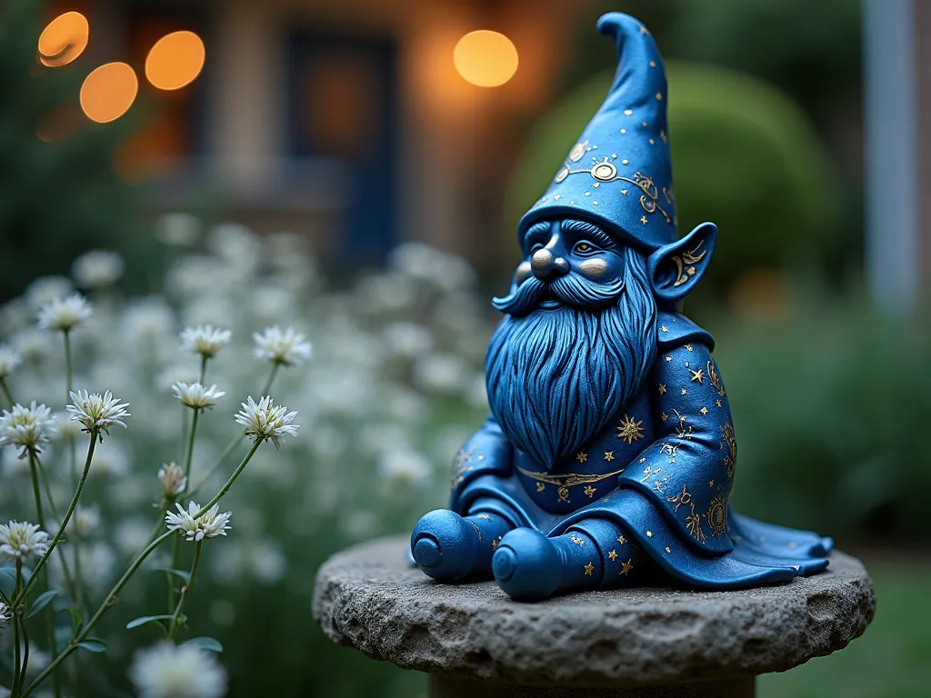 Celestial Garden Gnome at Twilight - Close-up shot of a garden gnome painted in mystical deep blue with intricate gold and silver zodiac symbols, constellations, and celestial patterns. The gnome sits on a weathered stone pedestal in a moonlit garden corner, surrounded by white flowering jasmine and silver-leaved dusty miller. Soft twilight illumination creates a magical atmosphere, with twinkling garden lights in the background. The gnome's hat features the twelve zodiac symbols in metallic paint, while its robe displays a flowing galaxy pattern with shooting stars and planets. Shallow depth of field emphasizes the detailed paintwork, captured with a 35mm focal length at f/2.8, creating a dreamy bokeh effect with the garden elements behind.