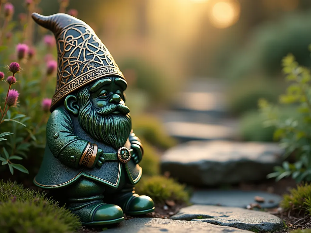 Celtic Knot Garden Gnome at Dawn - Close-up photographic shot of a garden gnome adorned with intricate Celtic knot patterns, painted in deep forest green, antique gold, and rich brown tones. The metallic gold highlights shimmer in the early morning light, creating a magical glow across the interweaving patterns. The gnome sits among dewy moss-covered stones near a garden pathway, with soft-focus Scottish heather and wild ferns in the background. A gentle morning mist adds an ethereal quality, while copper and bronze metallic accents in the knotwork catch the first rays of dawn, emphasizing the ancient Celtic designs. Professional photography, high detail, mystical atmosphere, 8k resolution.