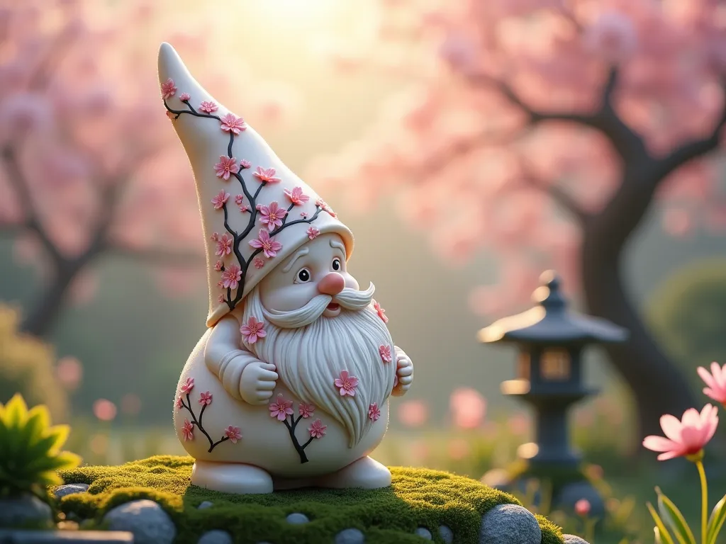 Cherry Blossom Gnome at Dawn - A close-up shot of a garden gnome statue painted in soft white with intricate cherry blossom branches flowing across its surface, set against a misty dawn garden background. The gnome's traditional pointy hat and beard feature delicate pink cherry blossoms and tender green leaves painted with exquisite detail. Soft morning light filters through actual cherry blossom trees in the blurred background, creating a magical atmosphere. The gnome sits on a moss-covered stone near a traditional Japanese stone lantern, with dew drops glistening on the surrounding foliage. Photorealistic, highly detailed, soft morning lighting, bokeh effect, Studio Ghibli inspired aesthetic.