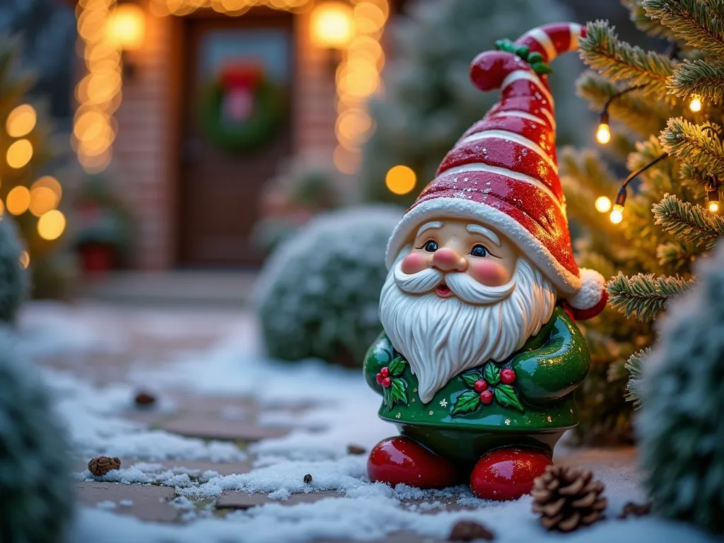 Festive Garden Gnome at Twilight - A charming close-up shot of a hand-painted garden gnome dressed in Christmas attire, positioned on a snow-dusted garden path. The gnome features a vibrant red hat with white candy cane stripes, emerald green clothing adorned with delicate holly leaves and berries, and a frosted white beard with sparkly snow effects. Soft twilight illumination casts a warm glow on the scene, while twinkling garden lights and frost-covered evergreen branches frame the background. Small LED lights wrapped around nearby shrubs create a magical holiday atmosphere, reflecting off the gnome's glazed ceramic surface. The garden setting includes winter-hardy boxwoods and scattered pinecones, creating a cozy Christmas vignette in a welcoming front garden setting. Photorealistic, highly detailed, atmospheric lighting, winter garden photography