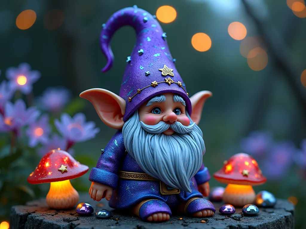 Enchanted Twilight Garden Gnome - A close-up magical scene of a hand-painted garden gnome at twilight, featuring iridescent purple and blue swirling patterns on its hat and coat. The gnome's surface sparkles with carefully applied silver glitter highlights and hand-painted golden stars. Crystal-like gems are painted around the base, while mystical runes and celtic symbols wind up its beard in metallic copper paint. The gnome sits on a weathered stone pedestal surrounded by glowing mushrooms and blooming moonflowers in a cottage garden setting. Soft fairy lights twinkle in the background, creating an ethereal atmosphere. Photorealistic, magical atmosphere, cinematic lighting, high detail.