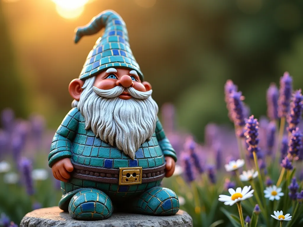 Mediterranean Mosaic Garden Gnome - Close-up shot of an artistically painted garden gnome featuring an intricate mosaic pattern in vibrant turquoise, terracotta, and cobalt blue squares, with delicate gold lines creating a tile effect. The gnome sits on a weathered stone pedestal surrounded by blooming lavender and white alyssum in a Mediterranean-style garden. Soft evening golden hour lighting casts long shadows across the textured surface, highlighting the metallic details. Shot with shallow depth of field focusing on the detailed mosaic paintwork, with a dreamy bokeh effect of the garden background. 16mm lens perspective, professional photography, hyperrealistic detail, artisanal craftsmanship.