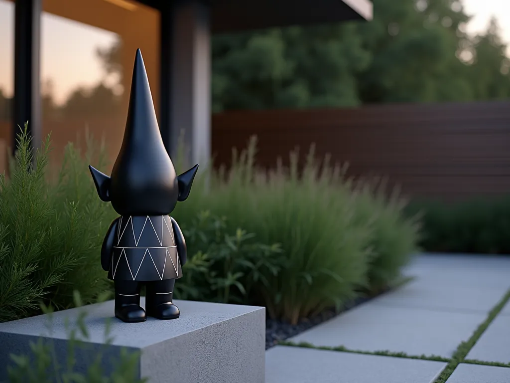 Modern Minimalist Garden Gnome at Dusk - A close-up shot of a sleek, matte black garden gnome with precise white geometric triangles and lines adorning its surface, positioned on a contemporary concrete planter. The gnome stands against a backdrop of architectural ornamental grasses and minimalist garden design with clean lines. The scene is captured during dusk, with soft ambient lighting highlighting the gnome's modern finish. Japanese forest grass and black bamboo create subtle shadows, while a modern deck with horizontal slats frames the background. The composition emphasizes the striking contrast between the gnome's sophisticated design and the natural elements surrounding it.