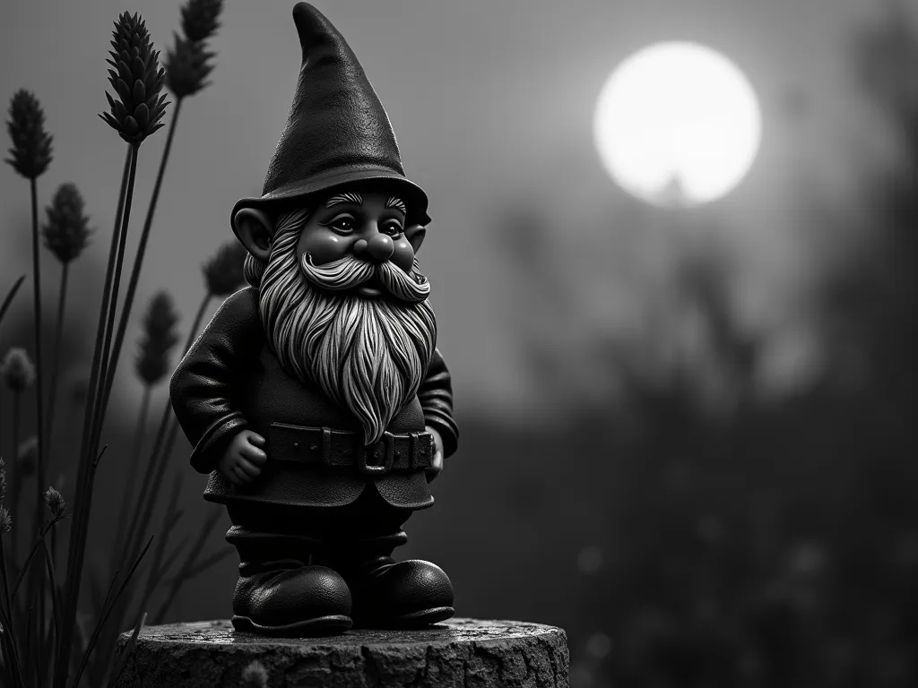 Film Noir Garden Gnome at Dusk - A dramatic black and white photograph of an elegantly painted garden gnome in film noir style, positioned on a weathered stone pedestal in a moonlit garden. The gnome features sophisticated monochromatic paintwork with deep shadows and silver highlights that catch the evening light. Dramatic side lighting creates long shadows across the gnome's face and hat, while delicate grey gradients define his beard and clothing. Behind him, ornamental grasses sway in silhouette against a moody twilight sky, creating a mysterious atmosphere. Shot with dramatic low angle perspective, with selective focus on the gnome's intricate details. Fine water droplets on the gnome's surface add subtle sparkle to the silver accents. Professional DSLR photo with cinematic composition, f/8 aperture, ISO 100, captured at dusk with natural lighting at 1/125 shutter speed.