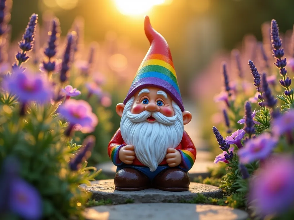 Rainbow Garden Gnome at Dawn - A close-up shot of a whimsical garden gnome sitting among dewy morning glories, captured during golden hour sunrise. The gnome features a vibrant rainbow-striped hat transitioning perfectly from red through orange, yellow, green, blue, to purple. Its classic white beard catches the morning light, creating a subtle glow, while rosy cheeks add warmth to its friendly face. The gnome is positioned on a natural stone pathway bordered by blooming lavender, with soft bokeh effects in the background showing a misty cottage garden. Dew drops on surrounding flowers catch the early morning light, creating magical sparkles around the gnome. Shot with shallow depth of field focusing on the gnome's detailed paintwork, natural morning lighting enhances the rainbow colors while creating a dreamy, enchanted garden atmosphere.