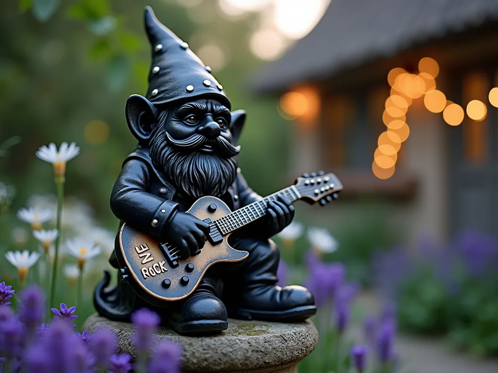 Rock Star Garden Gnome at Dusk - Close-up cinematic shot of a hand-painted garden gnome dressed in black leather-style paintwork, positioned on a rustic stone pedestal in a whimsical cottage garden. The gnome sports miniature silver studs, holding a detailed painted electric guitar, with ROCK etched on its base. Soft dusk lighting creates a magical atmosphere, with fairy lights twinkling in the background among purple salvias and white moonflowers. Shot with shallow depth of field, capturing the intricate details of the gnome's edgy makeover against a dreamy, bokeh-filled garden backdrop. 16-35mm lens, f/2.8, ISO 400