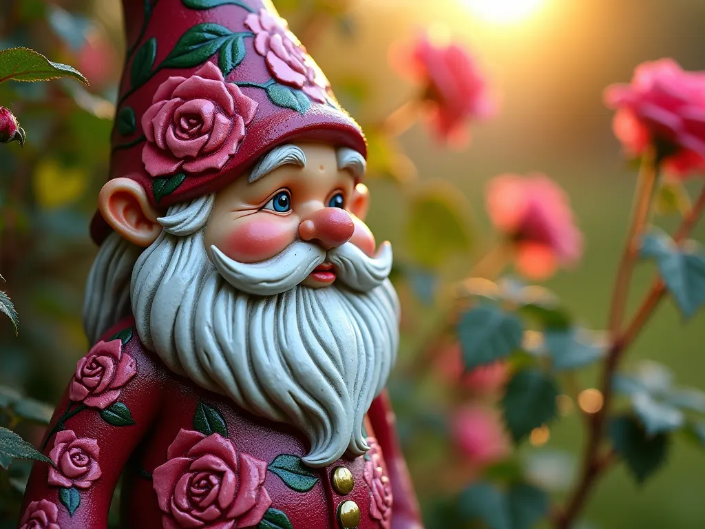 Rose-Adorned Garden Gnome at Dawn - Close-up photo of a garden gnome statue at dawn, ornately painted with detailed rose patterns in vibrant pink and deep red hues across its traditional clothing. The gnome's hat and jacket feature intricate, intertwining rose blooms with emerald green leaves and delicate thorns. Morning dew glistens on the painted surface, while actual climbing roses blur softly in the background. Captured with a shallow depth of field, soft golden morning light illuminates the gnome's whimsical features, creating a magical garden atmosphere. Shot with a digital camera, 35mm, f/2.8, ISO 400, capturing fine details of the paintwork while maintaining a dreamy garden ambiance.