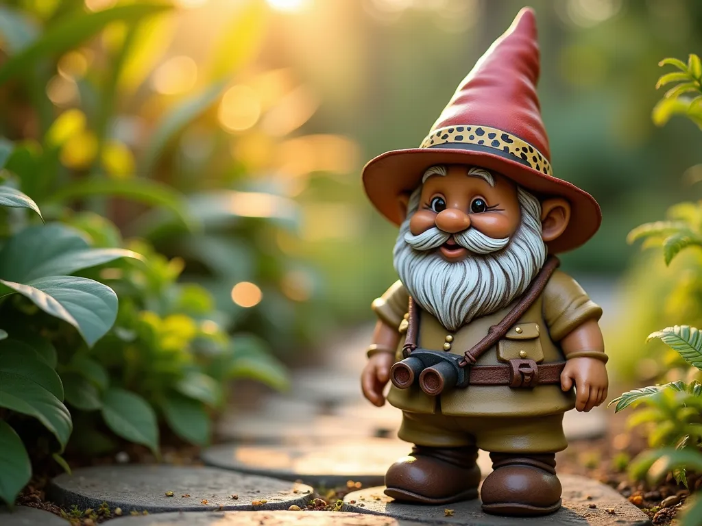 Safari Explorer Garden Gnome - Close-up shot of a hand-painted garden gnome in khaki safari attire, captured during golden hour in a lush garden setting. The whimsical gnome features intricate details including miniature painted binoculars around its neck, a safari vest with tiny pockets, and a khaki hat with leopard print band. The gnome stands proudly on a rustic stone pathway bordered by tropical plants, with soft bokeh effect in the background highlighting monstera leaves and ferns. Natural sunlight filters through the foliage, creating warm highlights on the gnome's hand-painted features and gear. Shot with a shallow depth of field, emphasizing the detailed craftsmanship of the safari-themed paint work. 16-35mm lens at f/2.8, ISO 400.