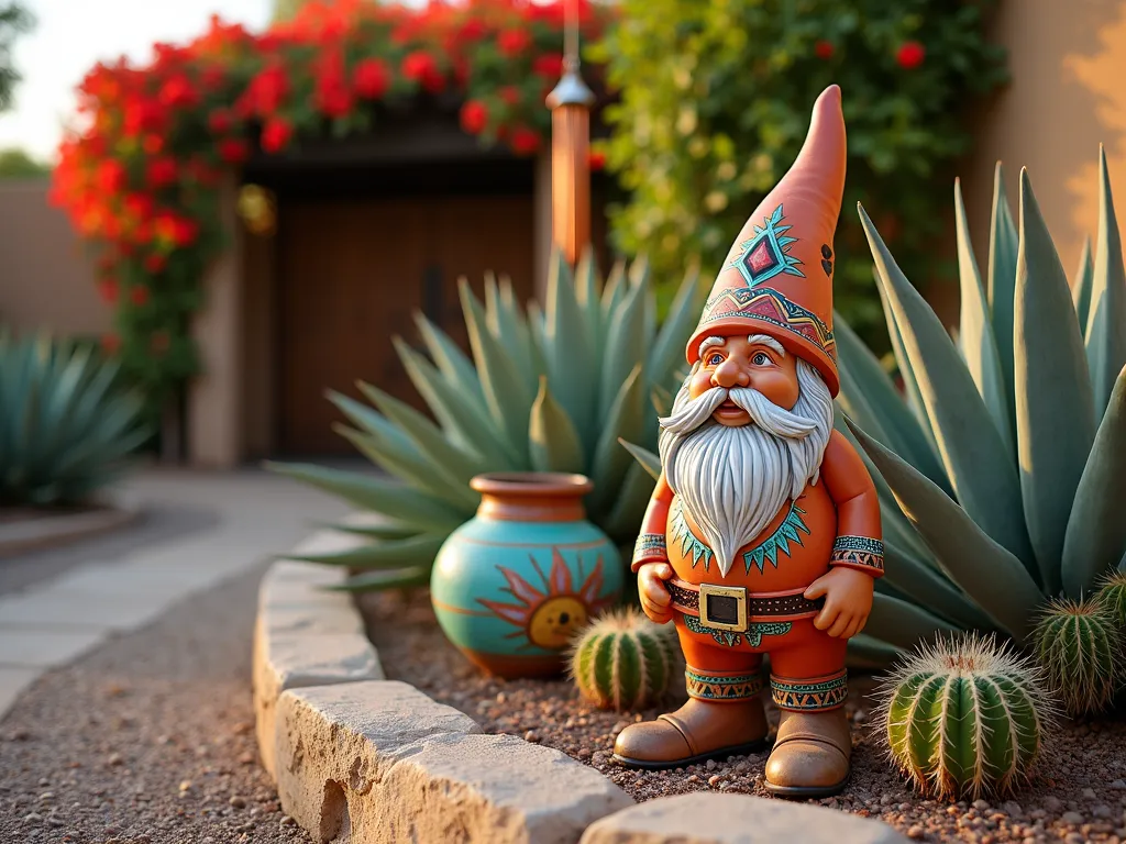 Southwestern Desert Gnome at Sunset - Professional DSLR photo of a garden gnome painted in warm terra cotta colors, adorned with intricate turquoise and rust-colored geometric patterns and Native American-inspired sun symbols, positioned in a desert-style garden corner. The gnome stands among golden barrel cacti and flowering agave plants, against a natural stone retaining wall. Captured during golden hour, with long shadows casting across a decomposed granite path. The background features a rustic wooden pergola draped with flowering bougainvillea. Shot with a wide-angle lens at f/8, creating a dreamy bokeh effect while maintaining sharp detail on the intricately painted gnome. Natural desert landscaping elements include weathered pottery and copper wind chimes, adding authentic Southwestern charm.