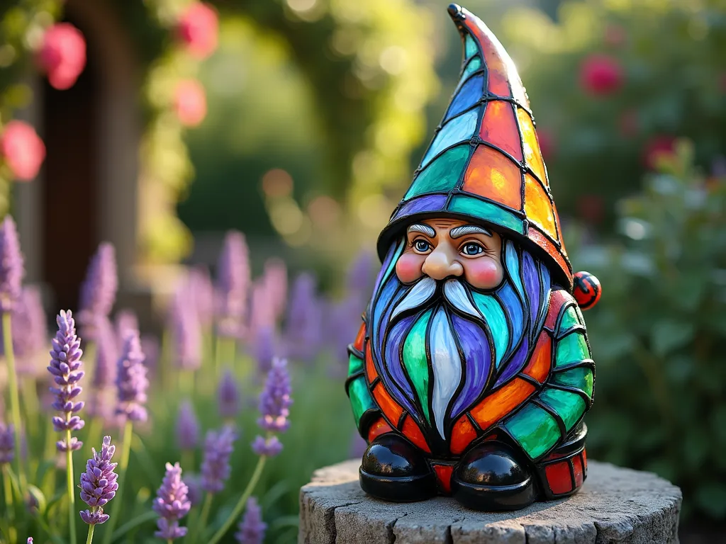 Stained Glass Garden Gnome at Sunset - Close-up shot of a garden gnome painted in vibrant stained glass style, featuring jewel-toned segments divided by bold black lines. The gnome sits on a weathered stone pedestal near flowering lavender, with late afternoon sunlight streaming through its semi-transparent paint, creating a magical glow. The background shows a blurred cottage garden with climbing roses and a rustic wooden arch. The gnome's hat features emerald and sapphire geometric patterns, while his beard flows in swirling amber and pearl tones, reminiscent of traditional church windows. Soft bokeh effects enhance the whimsical atmosphere.