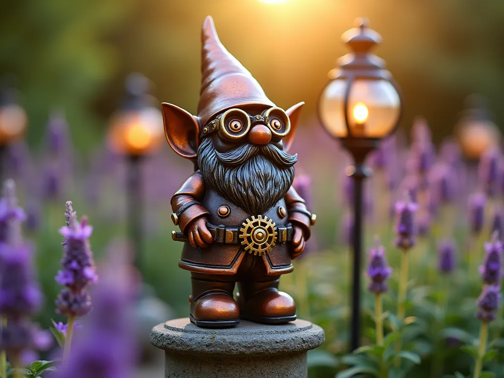 Steampunk Garden Gnome at Dawn - Close-up shot of a garden gnome painted in rich metallic copper and bronze, with intricate gold-painted gears and mechanical details adorning its outfit. The gnome wears detailed brass-colored goggles and has weathered patina effects. Positioned on a rustic stone pedestal amid blooming lavender and copper wind spinners, captured during dawn's golden hour. Shallow depth of field emphasizes the gnome's detailed steampunk elements while vintage-style garden lanterns create bokeh effects in the background. Shot with morning mist adding atmosphere, 16mm focal length, f/2.8.