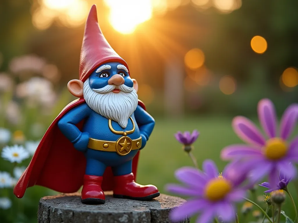 Superhero Garden Gnome Guardian - Close-up shot of a hand-painted garden gnome dressed as a superhero, wearing a flowing red cape and blue mask, standing protectively in a lush garden setting at golden hour. The gnome features metallic gold emblems on its chest and belt, with classic comic book styling and bold, clean lines. Positioned on a rustic stone pedestal surrounded by blooming purple salvias and white daisies, with fairy lights twinkling in the background. Captured with shallow depth of field, the evening sunlight catches the glossy finish of the paint and creates a magical atmosphere. Shot with a digital camera, 35mm, f/2.8, ISO 400.