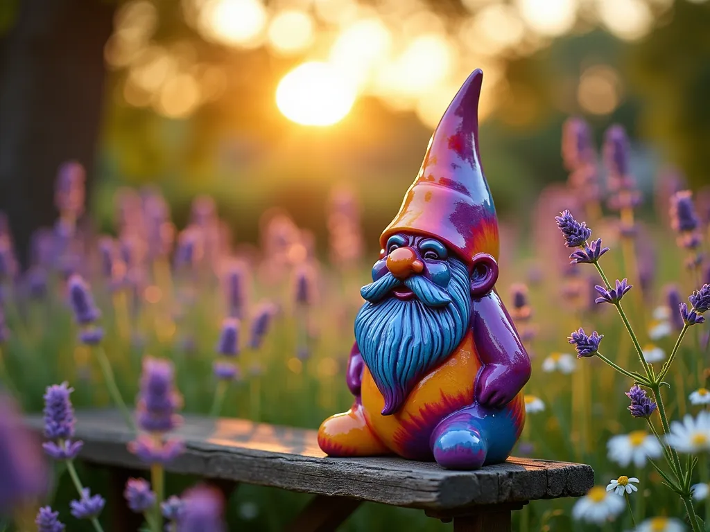 Tie-Dye Garden Gnome at Sunset - Close-up photo of a ceramic garden gnome painted in vibrant tie-dye swirls, featuring flowing rainbow colors of purple, orange, blue, and yellow that blend seamlessly into each other. The gnome sits on a rustic wooden garden bench surrounded by blooming lavender and wild daisies. Golden hour sunlight filters through tree branches, creating a magical atmosphere with natural lens flares. Shot with shallow depth of field focusing on the gnome's intricate paint details, with the garden softly blurred in the background. The psychedelic patterns catch the warm evening light, making the colors appear to dance across the gnome's surface.