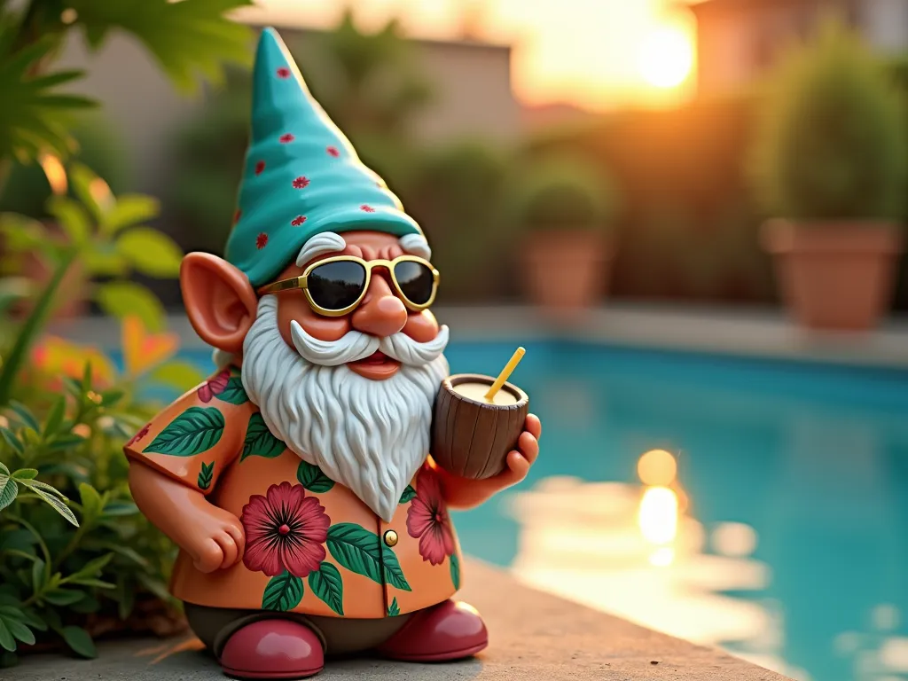 Tropical Beach Gnome by the Pool - Close-up shot of a hand-painted garden gnome wearing a vibrant Hawaiian shirt with hibiscus flower patterns, relaxing in a lush garden setting near a pool edge at golden hour. The ceramic gnome features metallic gold-rimmed aviator sunglasses, a tiny coconut drink, and is surrounded by tropical plants. The gnome's traditional pointed hat is painted in a cheerful turquoise blue with coral accents, while his beard has subtle highlights of warm sandy tones. Background shows blurred swimming pool water reflecting sunset colors and potted palm plants, creating a whimsical coastal garden atmosphere. Photorealistic, high detail, warm lighting, soft bokeh effect.