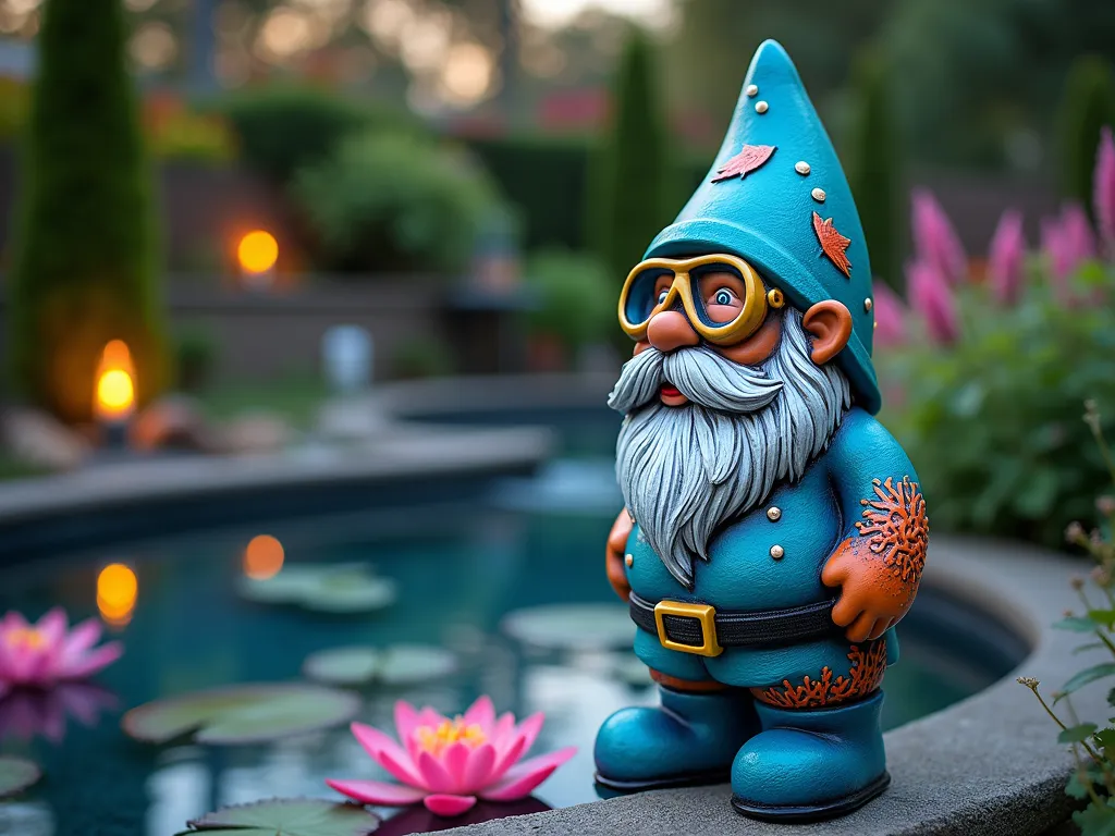 Deep Sea Gnome by the Garden Pool - A close-up shot of a hand-painted garden gnome in scuba gear, featuring vibrant turquoise and deep blue tones, positioned beside a tranquil backyard water feature at dusk. The gnome's outfit is adorned with intricate painted coral patterns in orange and pink, while painted silver bubbles rise around him. Small, colorful tropical fish designs swim across his hat and beard. Soft underwater-inspired LED lighting illuminates the scene, creating a magical atmosphere. Shot with a 16-35mm lens at f/2.8, ISO 400, capturing the detailed paintwork while maintaining the enchanting garden ambiance in the background, where water lilies float nearby.